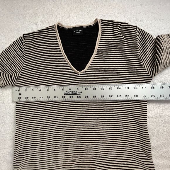 Bitte Kai Rand Womens Black Striped Knit V-Neck Sweater Top Long Sleeve Pullover - Picture 6 of 7